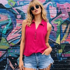 Maurices Sleeveless Linen Blend Henley Tank Top Womens Medium Magenta Pink